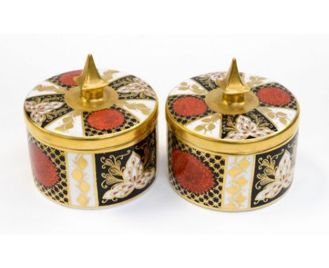 A pair of round boxes and covers with a pagoda shaped finial Abbeydale Chrysanthemum pattern.
