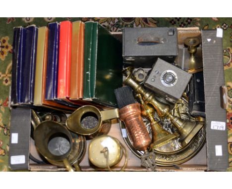 A brass miner's lamp. seven boxed pewter plates, an assortment of metalware.