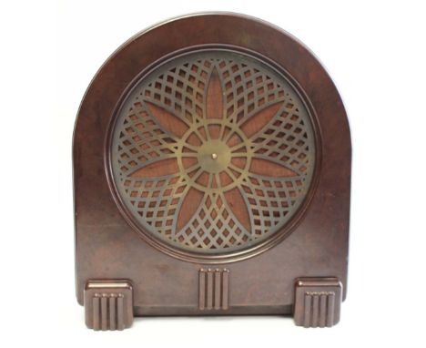 An Art Deco bakelite Philips speaker, type 2032, circa 1929, table 'Cathedral' shape in mottled brown, 40cm high, 36cm wide