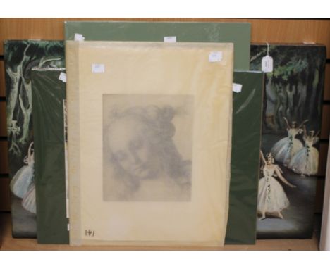 An unframed oil on canvas swan lake ballet scene with two unframed watercolours and an unframed print (4) 