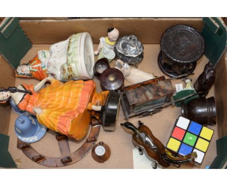 A mixed lot to include a Staffordshire figure, together with one other, a ceramic horse, Wedgwood bell and ashtray. (One box)