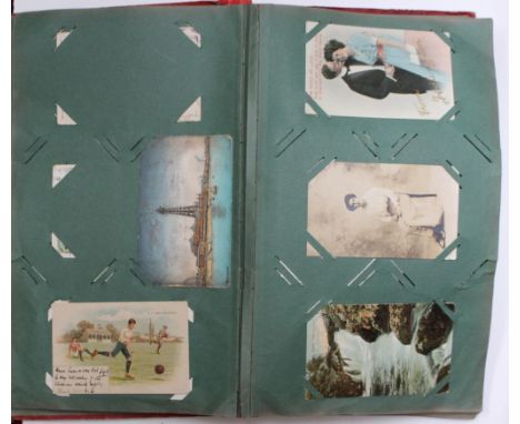 An old time postcard album containing a quantity of Edwardian and later postcards, including topographical, comical and photo