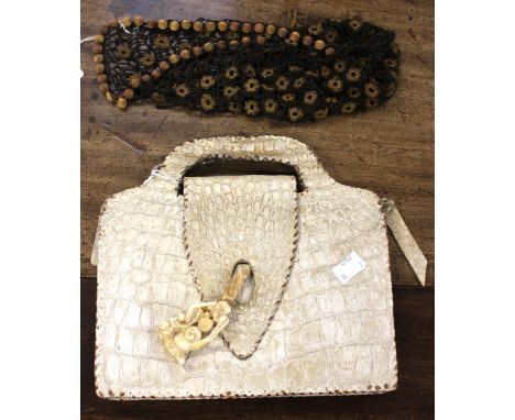 One cream Crocodile 1930/40s handbag with an Ivory netsuke fastener, amazing condition; together with a late Edwardian headdr