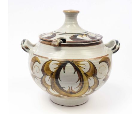 Alan Caiger Smith, an early Aldermaston Pottery tureen, cover and ladle, 1961, twin handled ovoid form, decorated with a brow