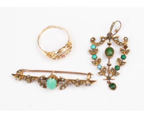 A 9ct turquoise and pearl openwork pendant, a 15ct turquoise and pearl bar brooch, together with an 18ct ruby and rose cut di