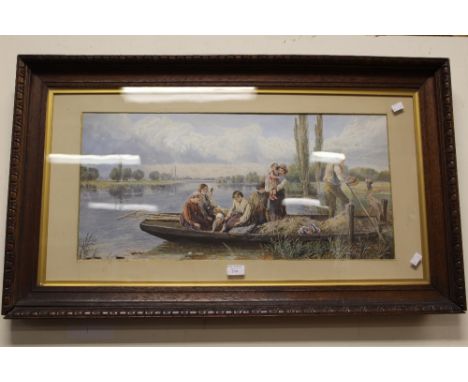 A large Victorian print river scene with people in boat.