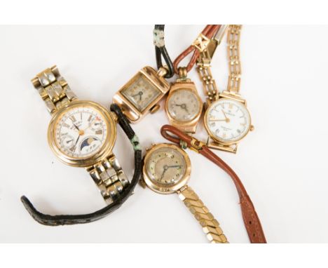 A sovereign 9ct gold cased ladies' wristwatch with bracelet strap and three other gold cased wristwatches (a/f) and a Rotary 