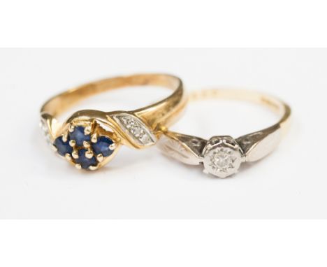 An 18ct gold and white gold illusion set diamond ring, together with a 9ct gold diamond and sapphire dress ring.