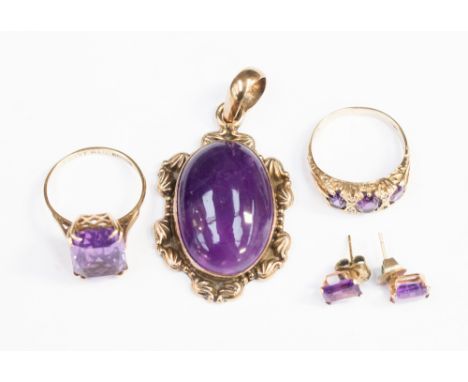 A silver gilt pendant set cabachon amethyst, a 9ct ring set three amethyst ring set rectangular cut amethyst and pair of earr