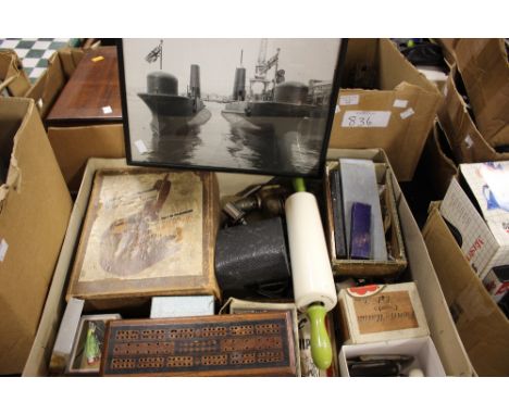 A box of miscellaneous sundries, to include a bakelite hairdryer, rolling pin etc 