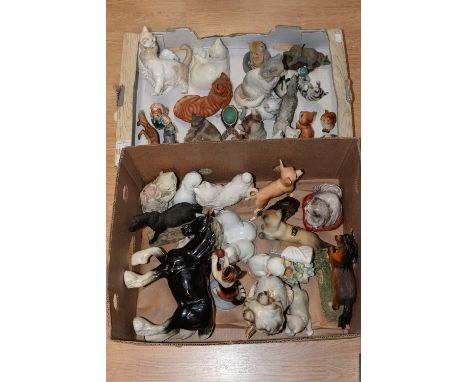 Two boxes of assorted ceramic animal figures, mostly comprising cats and horses, including Beswick, Nao, etc, (2)