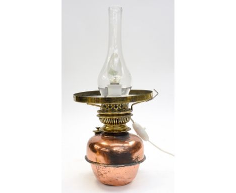 A twentieth century brass lamp with glass shade, height 43 cm to top of shade
