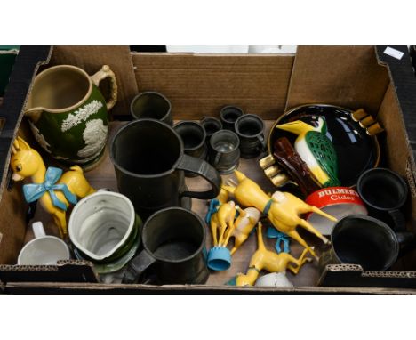 An 1897 Copeland Royal commemorative jug, a Clay Crystal palace pipe, five plastic Babycham figures, Guiness ashtray, pewter 
