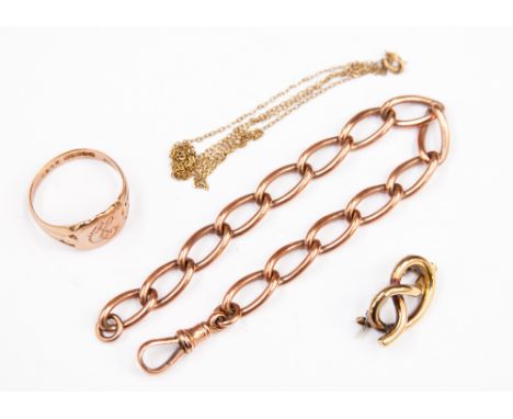 A 9ct rose gold fob chain, together with a fine link chain, signet ring and yellow metal knot brooch.