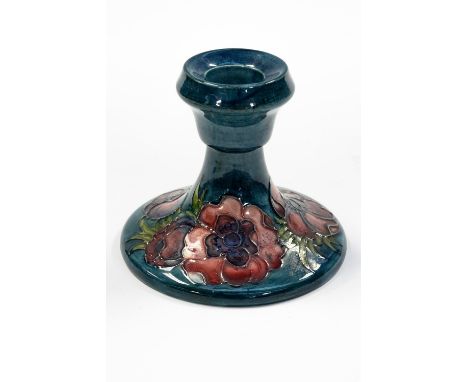 A Moorcroft 'Anemone' pattern dwarf candlestick applied 'Queen Mary label to base, 9cm in height approx 