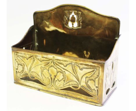 Keswick School of Industrial Arts, an Arts and Crafts brass candle box or planter, repousse decorated with poppy head motif a