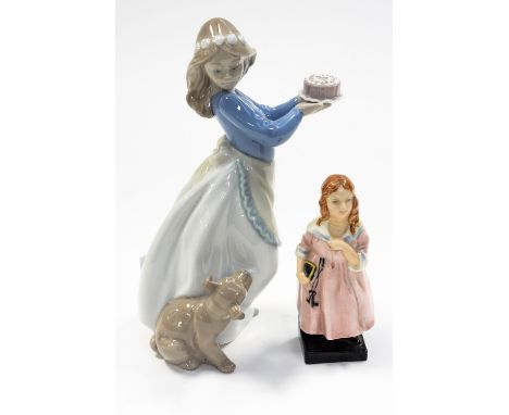 Royal Doulton Little Nell figure, along side Lladro figure of Lady holding cake 