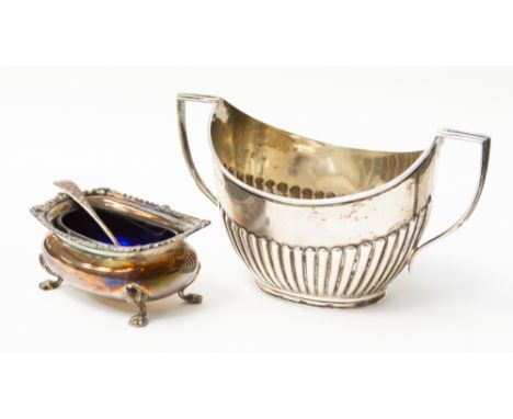 A George V silver sugar basin, Neo Classical reeded form; together with a silver salt cellar and spoon, 4.97 ozt approx 