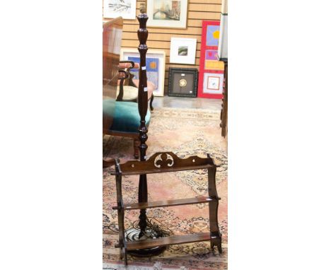 A three tier bookshelf, a small stool and a standard lamp, (3)