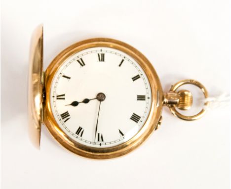 A George V 9ct gold cased half hunter, a ladies' pocket watch with blue enamelled chapter ring to the front, Roman numerals t