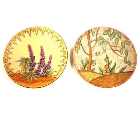 Two Art Deco Crown Devon Fieldings chargers, one tubelined with tree and bee in landscape, the other with foxgloves or hollyh