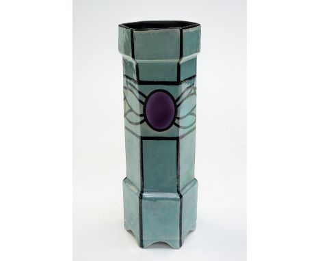 A Royal Staffordshire, Wilkinson Secessionist lustre vase, hexagonal section, cylinder form in turquoise with black Art Nouve