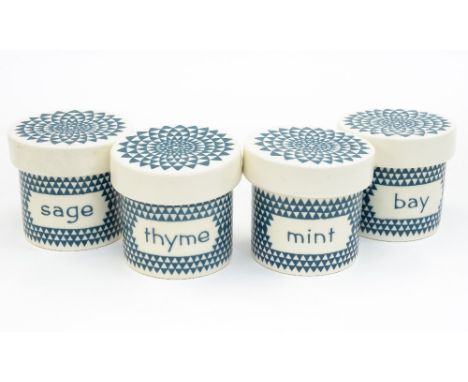 Robert Jefferson for Poole pottery, a set of four blue 'Green Diamond' herb jars, circa 1963, geometric pattern, for sage, ba