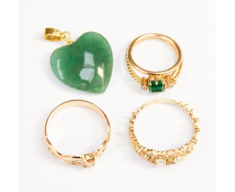 An emerald and diamond ring, together with another ring with sapphire type stone, jade pendant, etc 