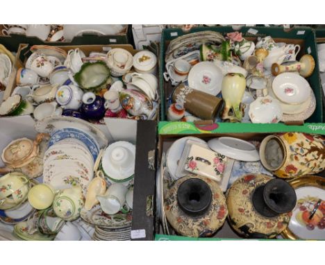 Five boxes of assorted ceramics, including tea sets, blush ivory teapot, blue and white, Royal Worcester, Booths, Royal Doult