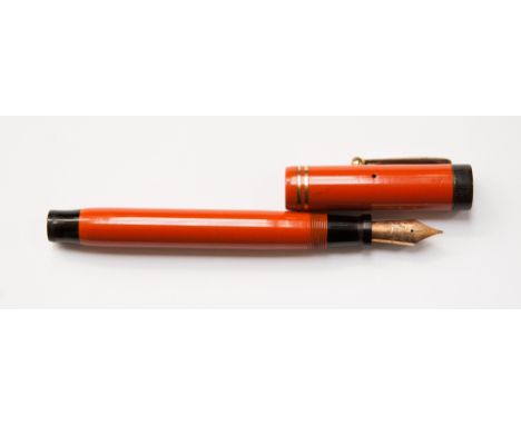 Parker Duofold 'Flattop' fountain pen 1927, clear imprint, fine lucky curve nib, comb feed, twin ring cap, brassing on clip 