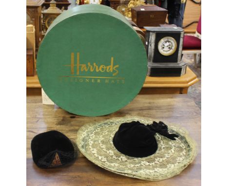 A Italation, an early 1950's beautiful picture hat in voil and lace flowers, decorated with a black velvet crown and flower, 