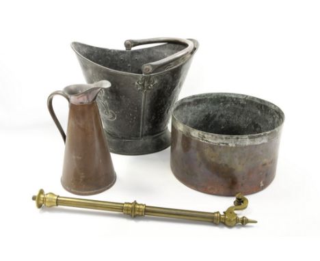 An Art Nouveau copper coal bucket with embossed thistle decoration, copper jug, Lee & Wilkes 1907 copper pan and lid, brass p