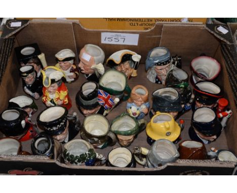A box of approximately twenty eight Royal Doulton small character jugs and Tobyville jugs, including 'The Wizard', 'Postman',
