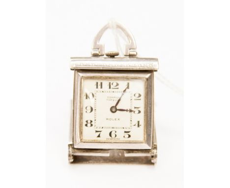 An Art Deco silver Rolex travelling pocket watch, circa 1935, in square case, the engine turned dial with Arabic numerals, ma