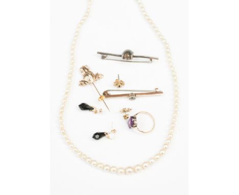 An early 20th Century French Art Deco graduated pearl necklace, together with a gold bar brooch, earrings, ring, etc.