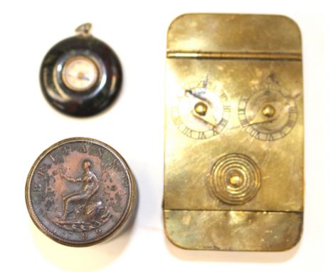 A George III coin box, the ends set with a 1799 coin; together with a brass combination lock box and a Cornish granite fob co