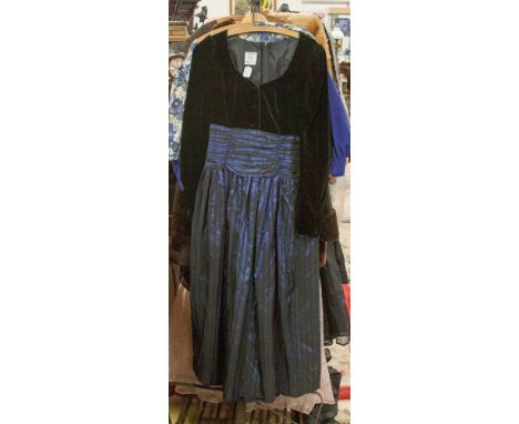 A midnight blue cotton Laura Ashley dress 1980s; together with a blue floral cotton 1980s, with a gathered skirt and a lovely