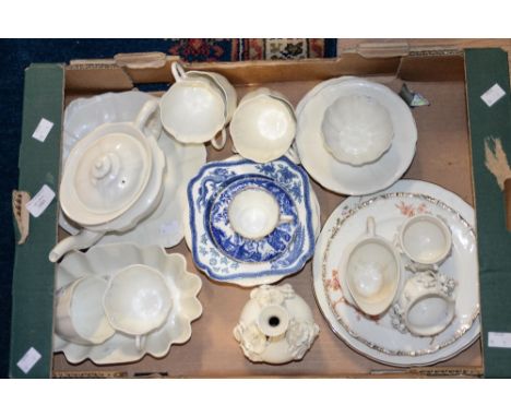 Derby early 19th Century white trio with applied flowers, Derby 1940s white china tea service and blue 'Mikado' saucer and cu