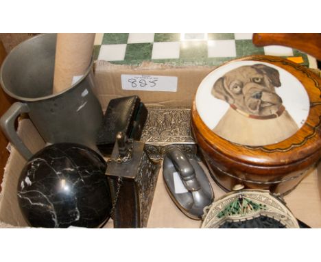 A collection of various items to include a turned wooden salt box with handle, a silver plated rectangular casket decorated w