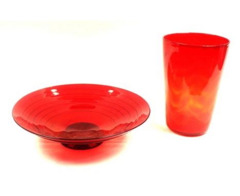 Tom Hill for Whitefriars, a ruby glass ribbon trailed bowl, 9031, 34.5cm diameter, together with a ruby optic wave tumbler va