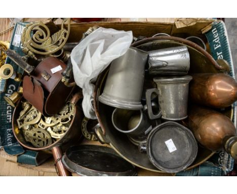 A box of copper and brassware, including pewter and lead shot making tool and also horse brass and brass jam making pan.