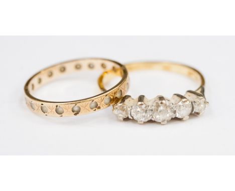 A five stone diamond ring, old cut stones; together with a 9ct gold eternity ring 