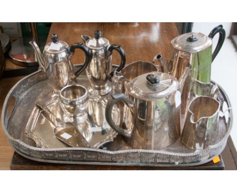 A gallery tray with Victorian tea service, silver on copper, Sheffield, together with a Viners silver on copper three piece c