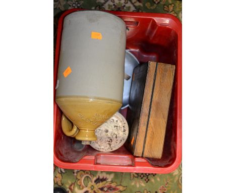 A stoneware flagon, weighing scales together with a wooden box