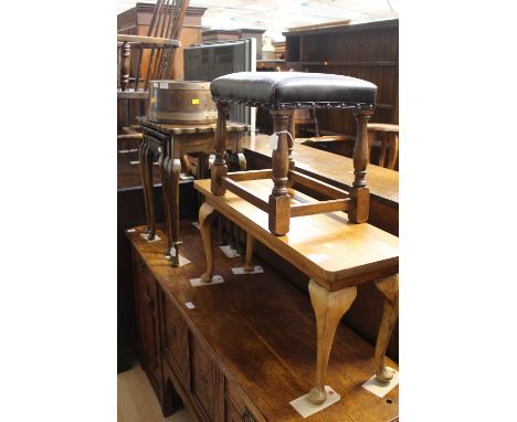 A collection of furniture comprising small table, stool, a nest of tables and an oak bucket, (4)