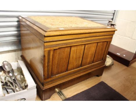A late Victorian mahogany commode, fitted with original ceramic pot, the lid with original wool work seat.