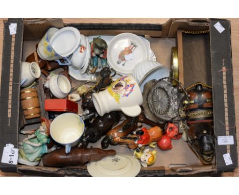Miscellaneous lots containing ceramic horse figures, Crown Ducal and wooden items 