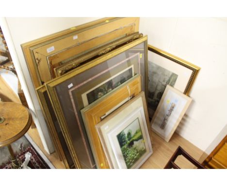 A parcel of assorted pictures, to include furnishing oils, prints, watercolours, trunk with cricketing prints 