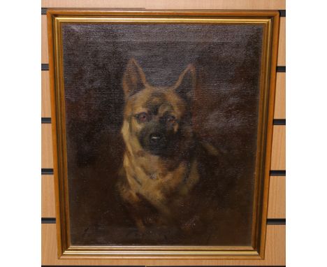 Charles Edmund Brock, an oil on board depicting a portrait of a dog, starring at the artist, signed to lower left, fitted in 