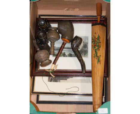 A collection of items including a pair of vases, a Meerschaum pipe, a  parasol, a further pipe and a pair of binoculars, plus